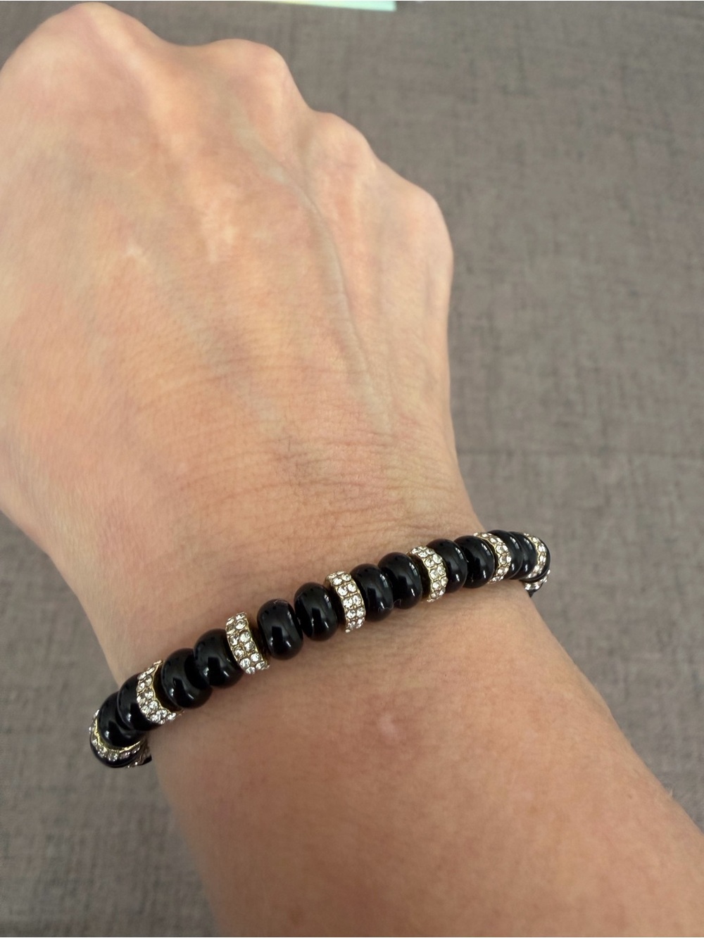 Black Beaded Stretch Bracelet with Rhinestone Spacers | Sparkly